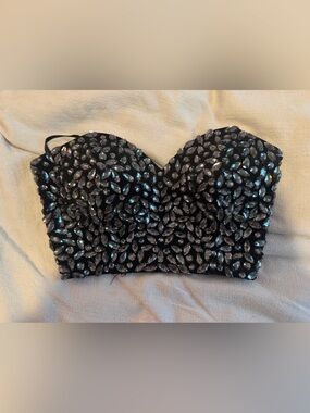 Guess Embellished Black Strapless Bustier Top with Iridescent Jewels